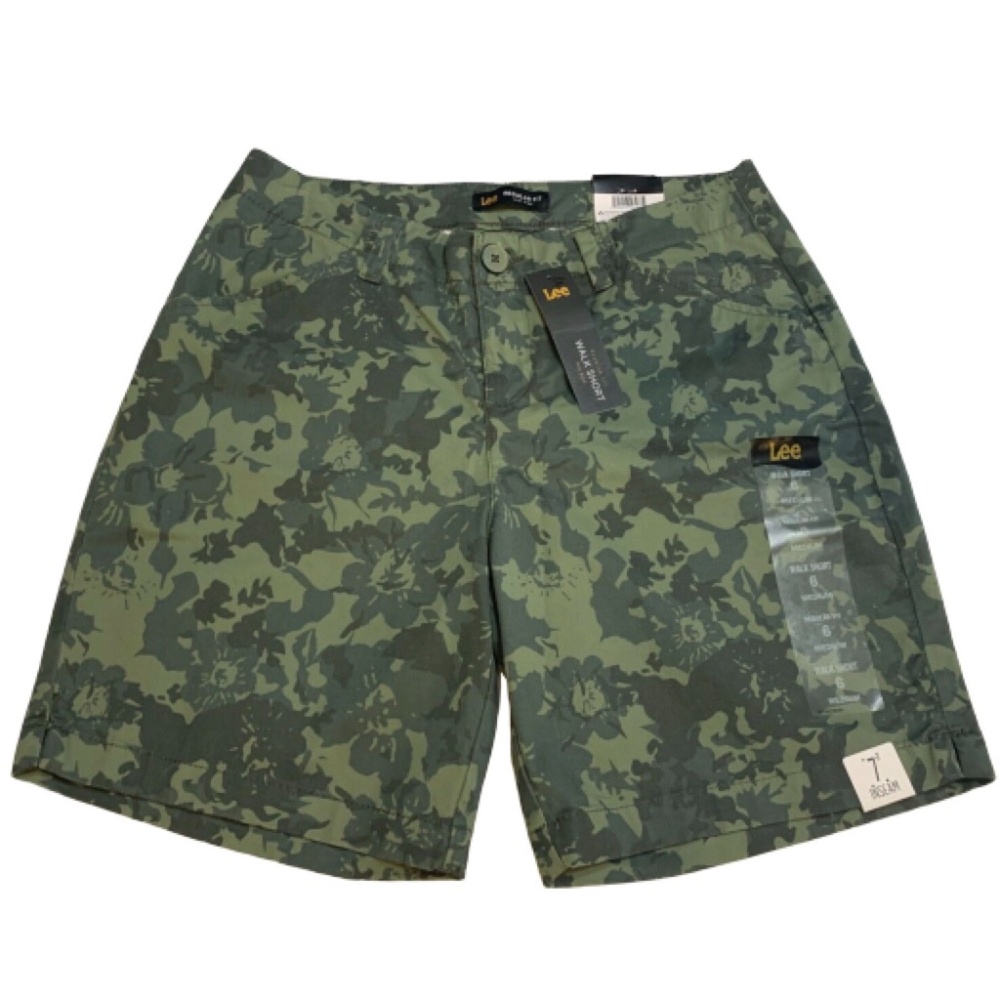 Lee Green Floral Camo Chino Shorts Mid Rise Stretch Summer Size 14 - Picture 6 of 10